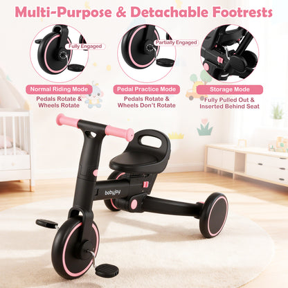 4-in-1 Foldable Toddler Tricycle with Push Handle with Adjustable Seat-Pink