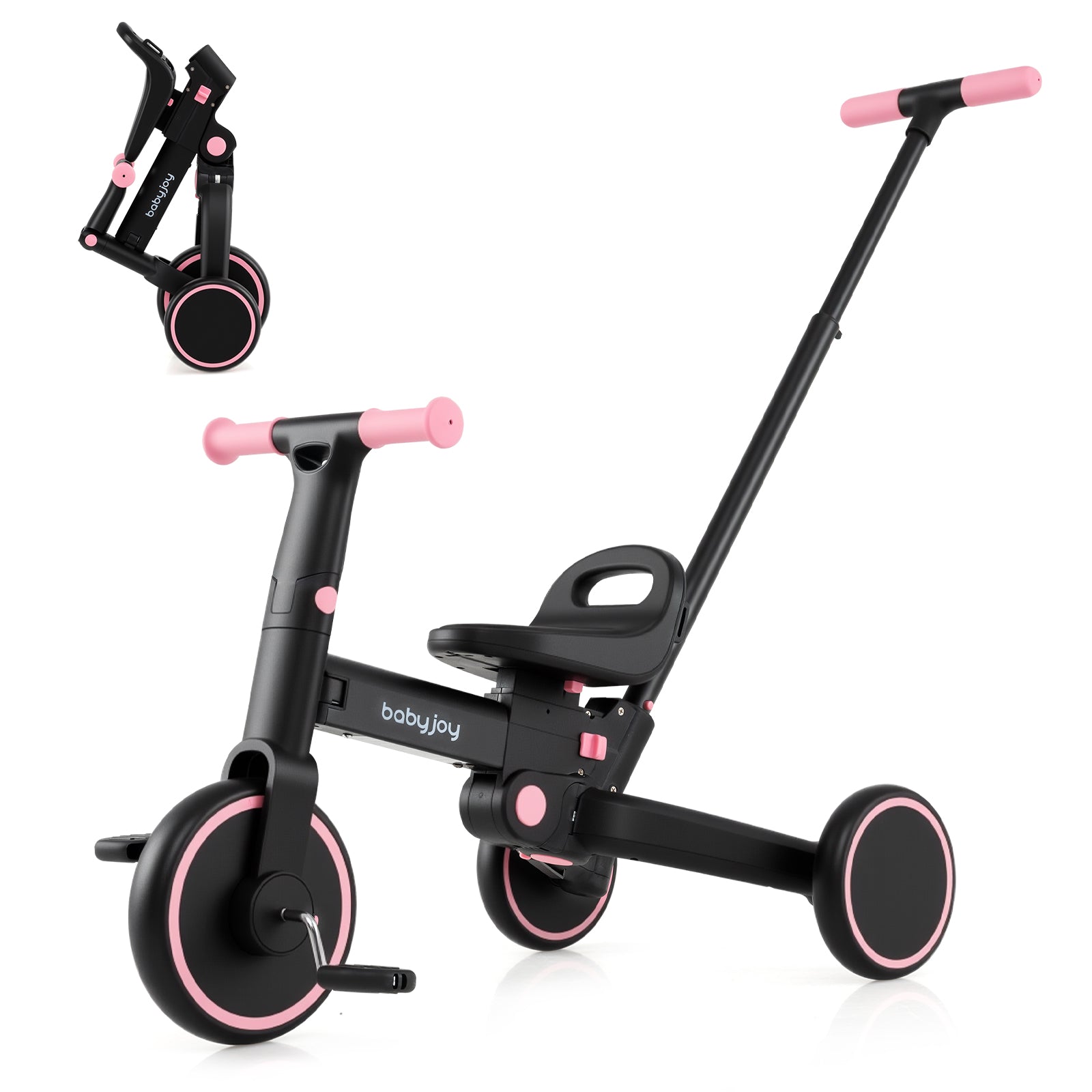 4-in-1 Foldable Toddler Tricycle with Push Handle with Adjustable Seat-Pink