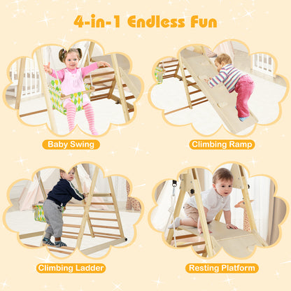 4-in-1 Indoor Jungle Gym with Baby Swing and Climbing Ramp-Natural