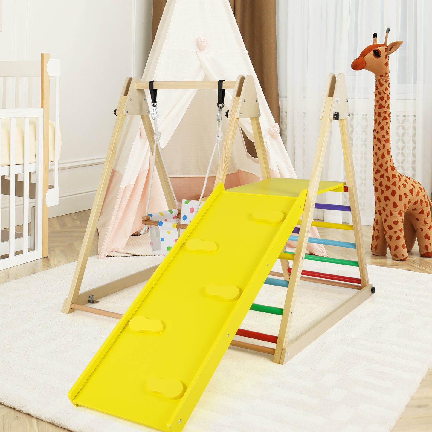 4-in-1 Indoor Jungle Gym with Baby Swing and Climbing Ramp-Multicolor