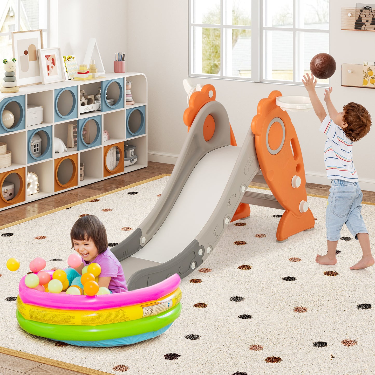 4 in 1 Indoor Slide for Kids Age 3+ Years with Basketball Hoop and Rings-Orange