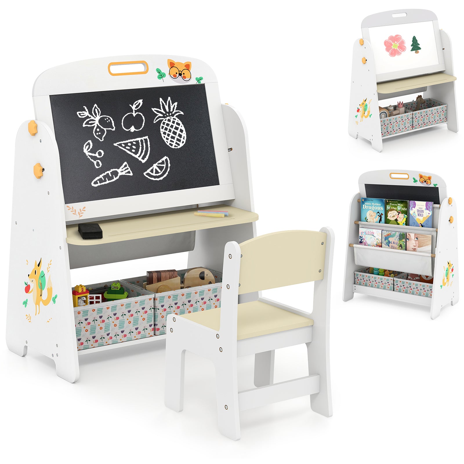 4-in-1 Kids Table and Chair Set Art Easel with Magnetic Whiteboard and Bookshelf-Natural