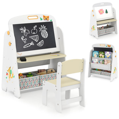 4-in-1 Kids Table and Chair Set Art Easel with Magnetic Whiteboard and Bookshelf-Natural