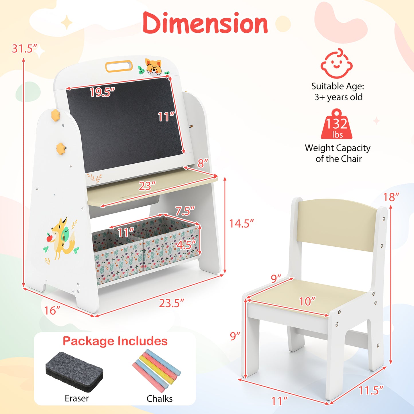 4-in-1 Kids Table and Chair Set Art Easel with Magnetic Whiteboard and Bookshelf-Natural