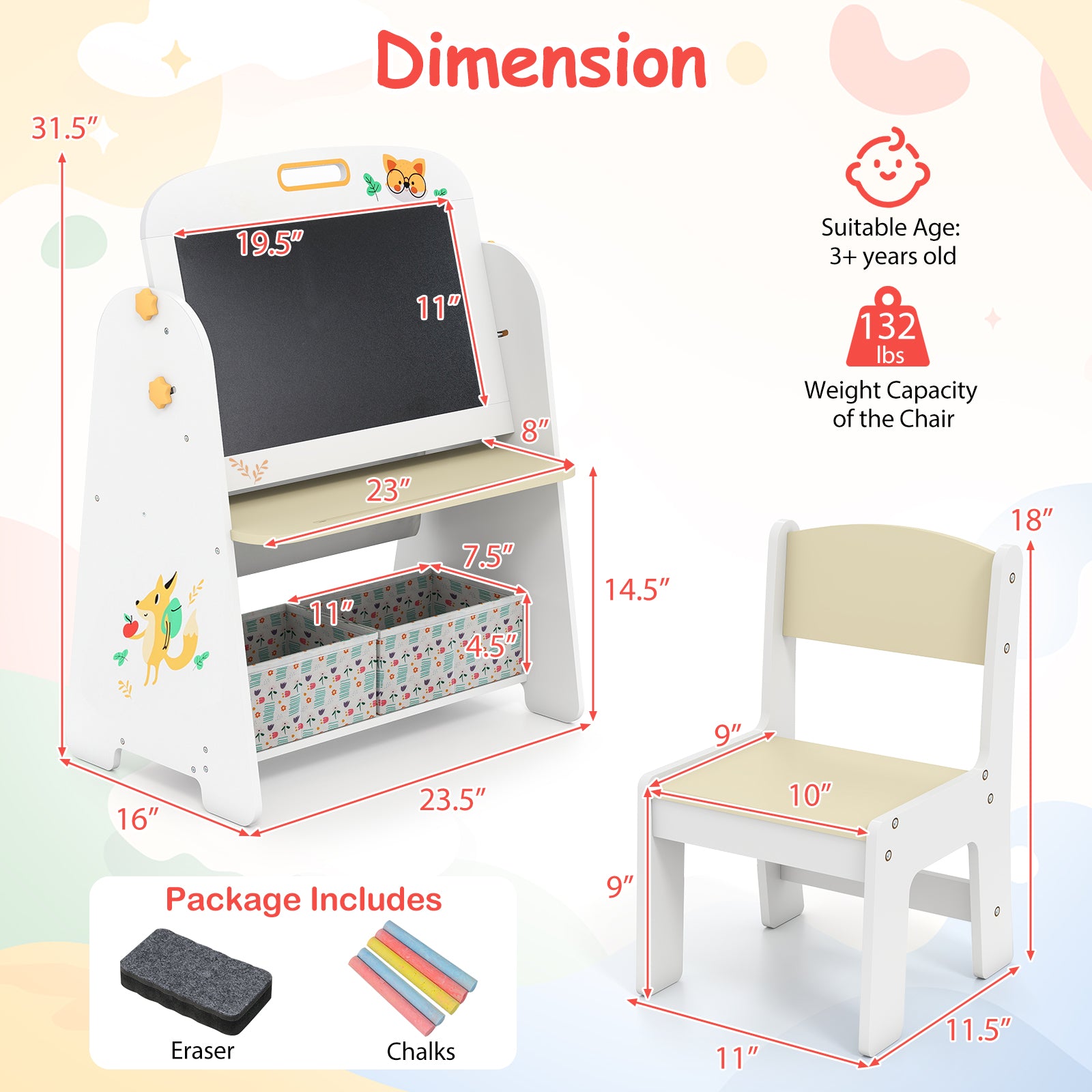 4-in-1 Kids Table and Chair Set Art Easel with Magnetic Whiteboard and Bookshelf-Natural