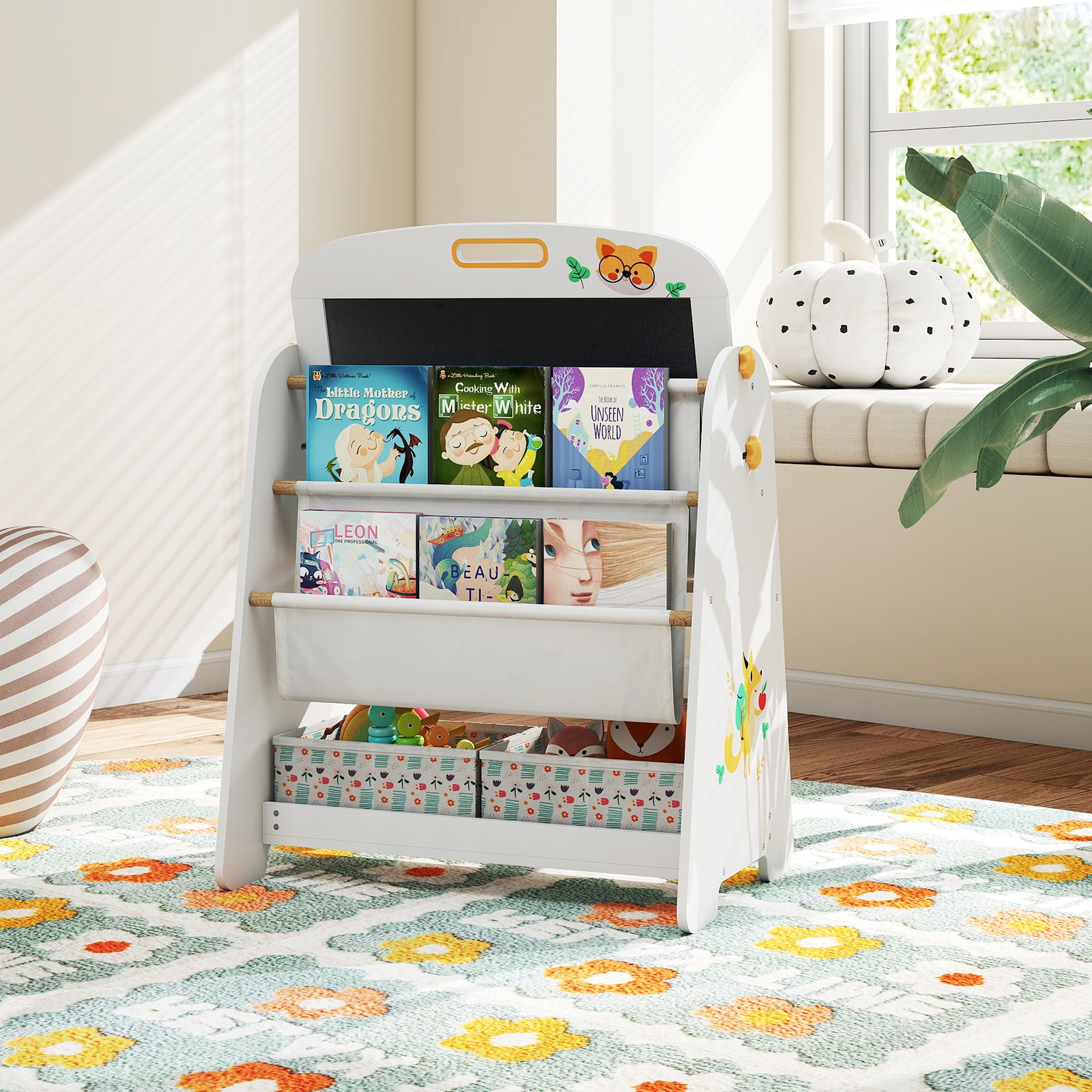 4-in-1 Kids Table and Chair Set Art Easel with Magnetic Whiteboard and Bookshelf-Natural