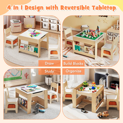 4 in 1 Kids Table and Chair Set with Reversible Graffiti and Building Blocks Tabletop-Natural