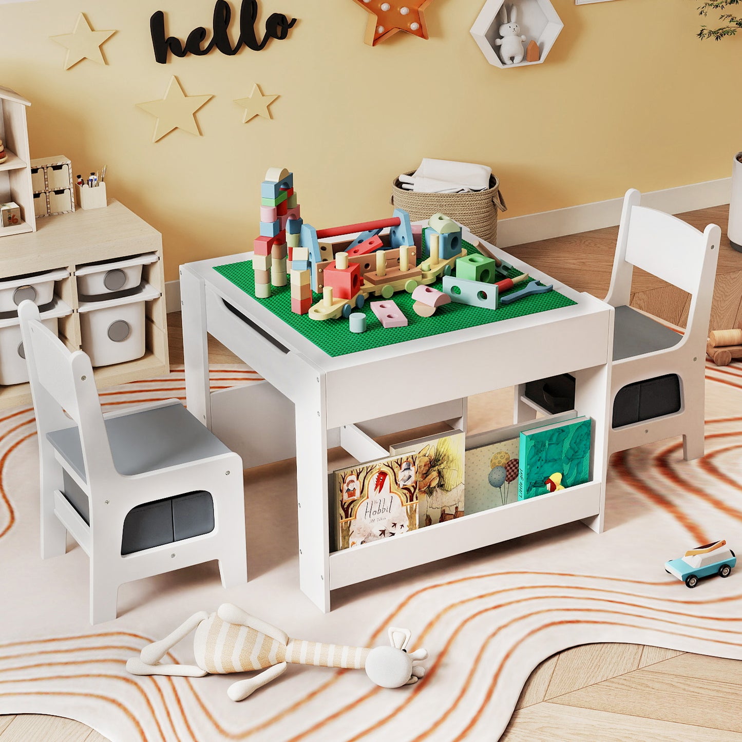 4 in 1 Kids Table and Chair Set with Reversible Graffiti and Building Blocks Tabletop-Gray