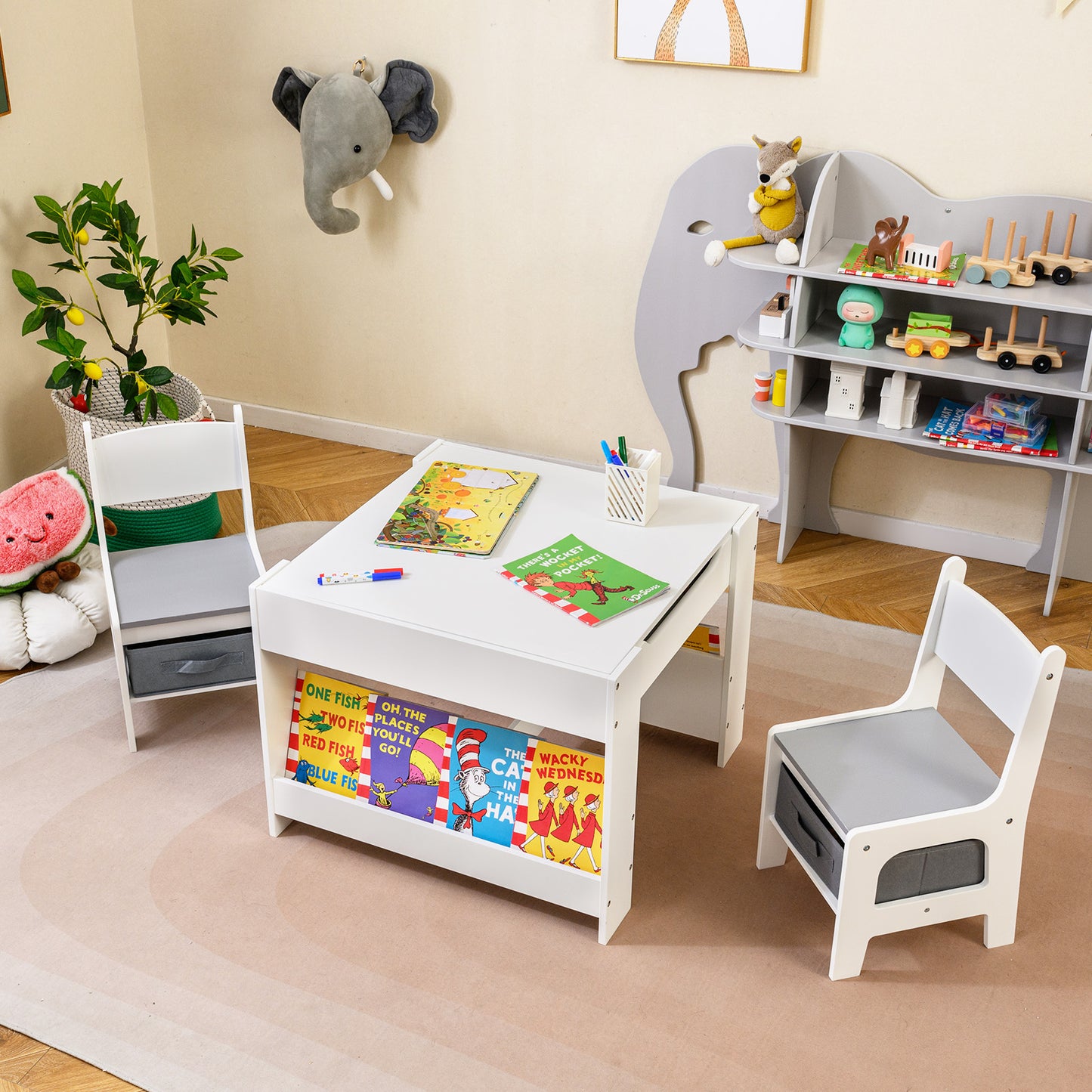 4 in 1 Kids Table and Chair Set with Reversible Graffiti and Building Blocks Tabletop-Gray