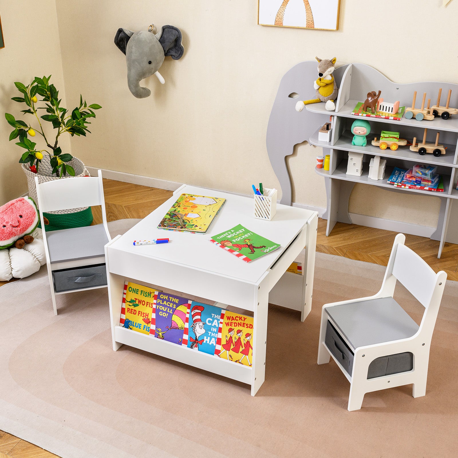 4 in 1 Kids Table and Chair Set with Reversible Graffiti and Building Blocks Tabletop-Gray