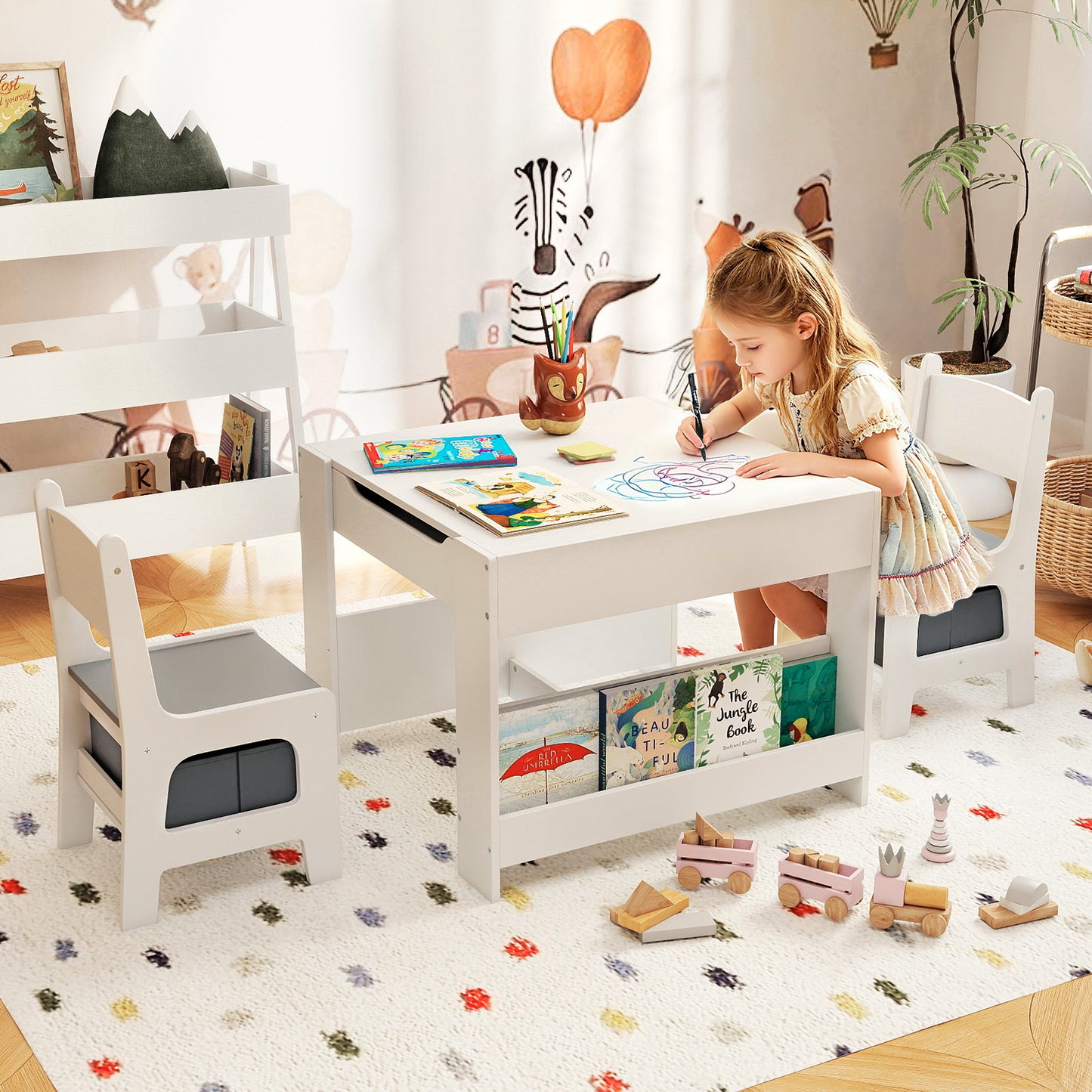 4 in 1 Kids Table and Chair Set with Reversible Graffiti and Building Blocks Tabletop-Gray