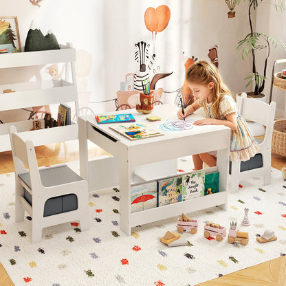 4 in 1 Kids Table and Chair Set with Reversible Graffiti and Building Blocks Tabletop-Gray
