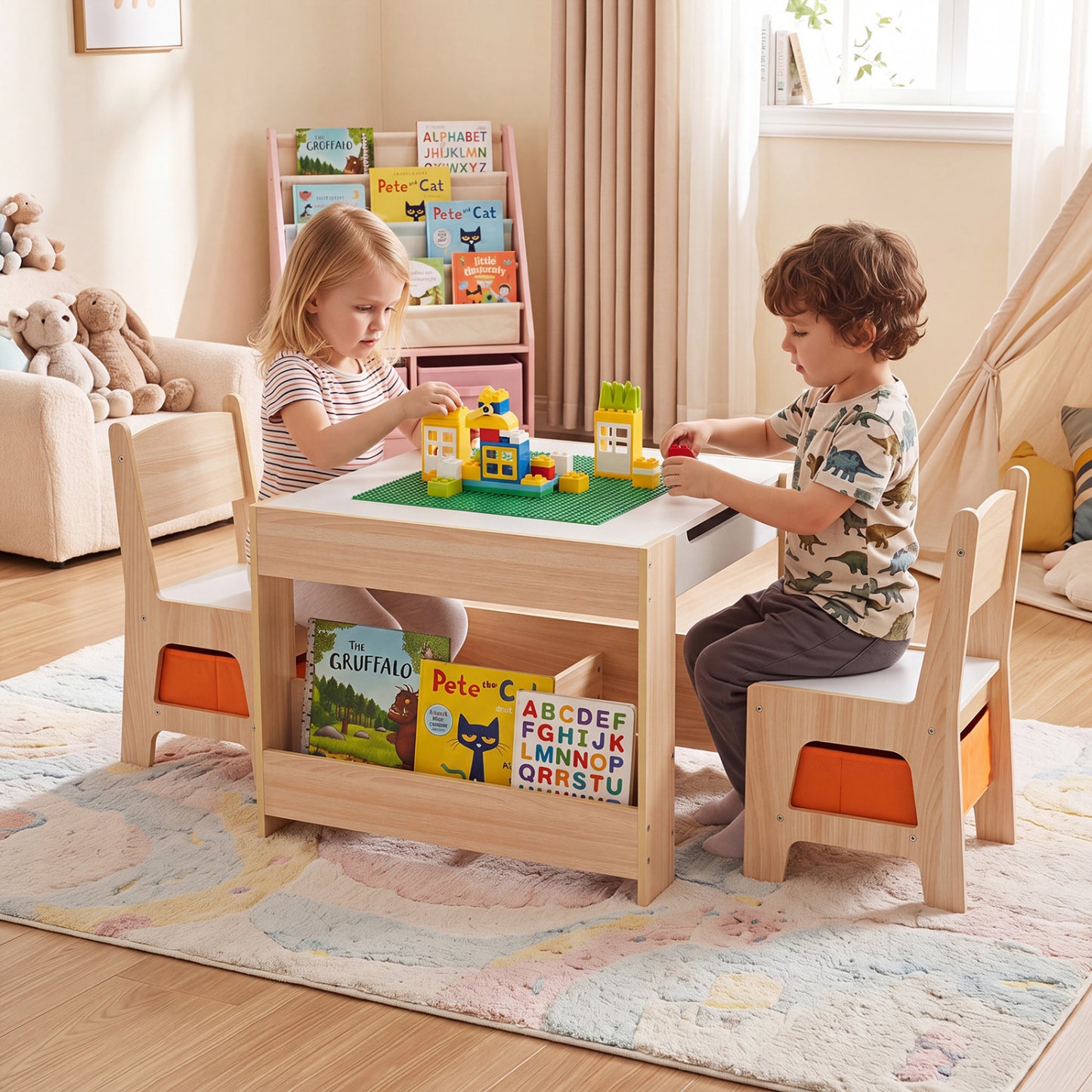 Kids Table and Chair Set with Building Blocks & Storage