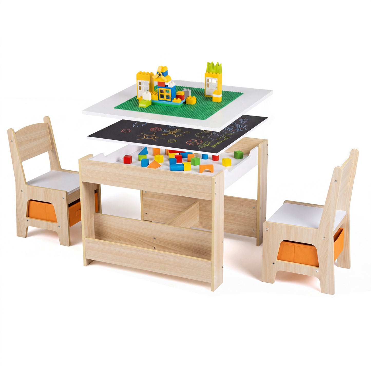 Kids Table and Chair Set with Building Blocks & Storage