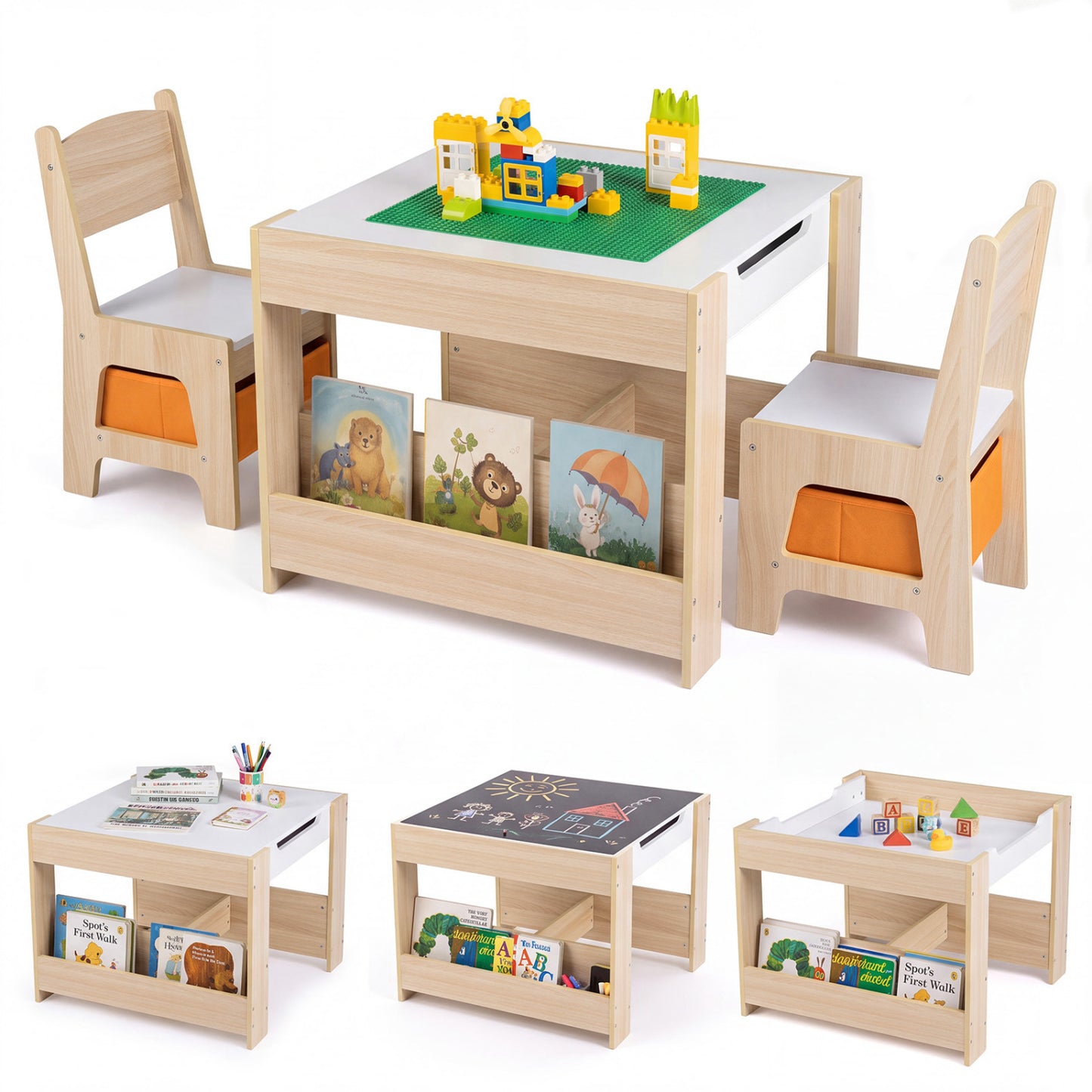 Kids Table and Chair Set with Building Blocks & Storage