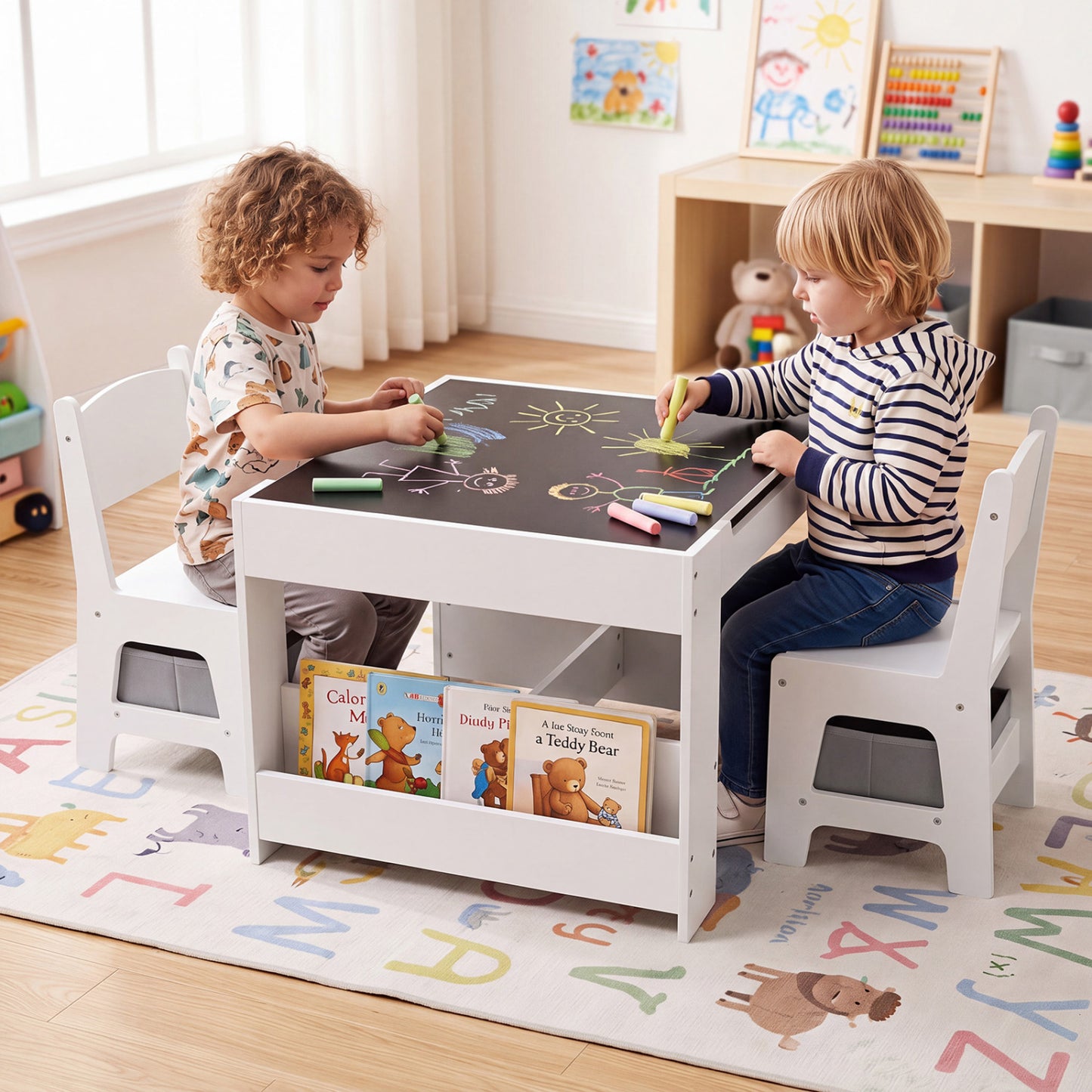 Kids Table and Chair Set with Building Blocks & Storage