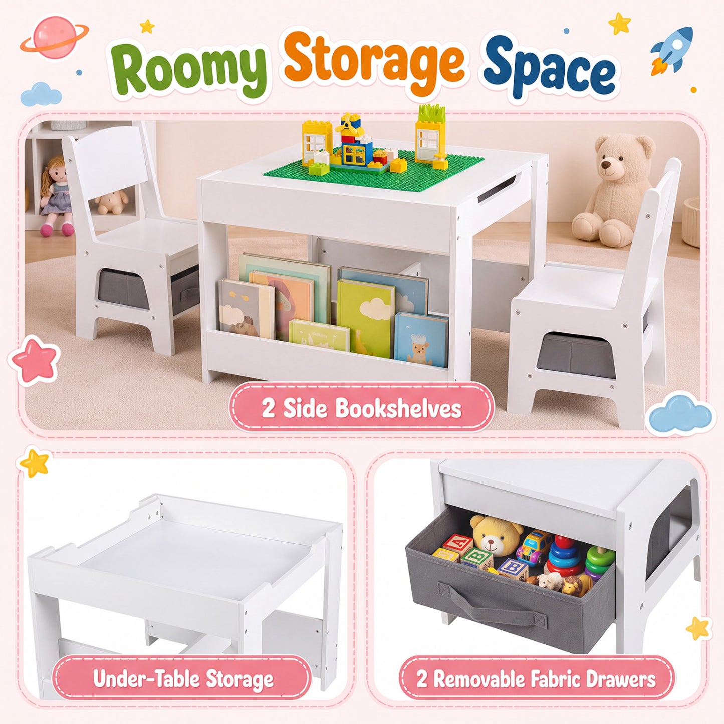 Kids Table and Chair Set with Building Blocks & Storage