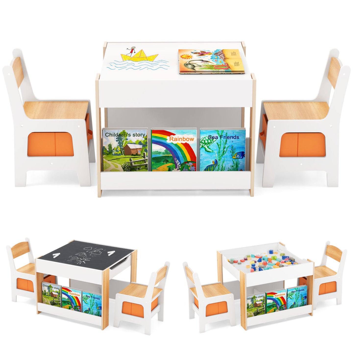 4 in 1 Kids Toddler Activity Table and Chairs Set with Reversible Tabletop-Natural - Natural