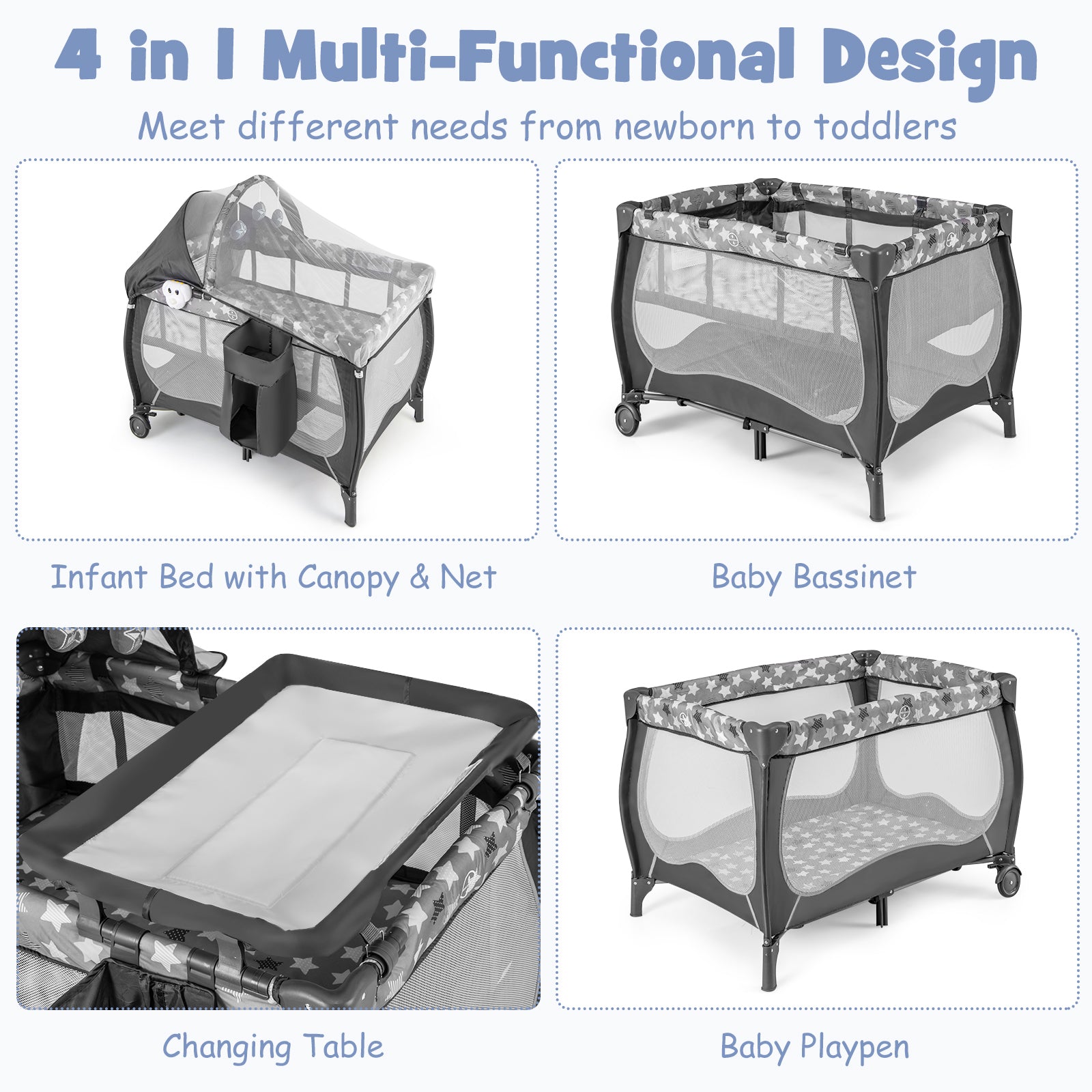 4 in 1 Portable Baby Nursery Center with Net and Music Box-Pink - Gray