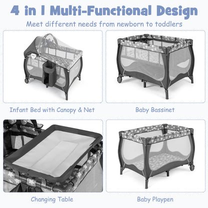 4 in 1 Portable Baby Nursery Center with Net and Music Box-Pink - Gray