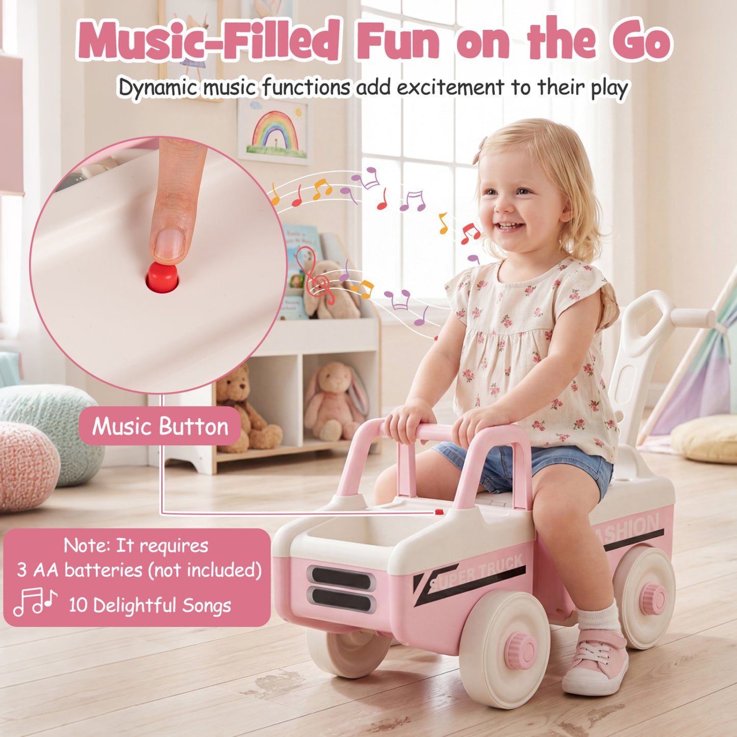 4-in-1 Ride On Push Car with Music and Storage