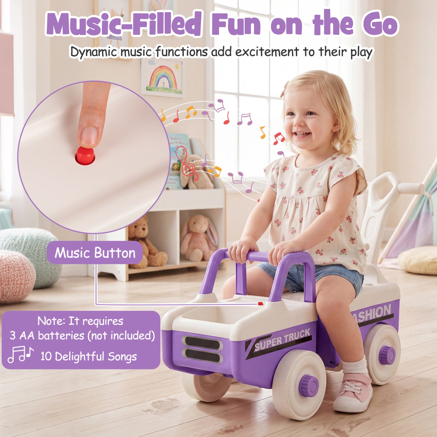 4-in-1 Ride On Push Car with Music and Storage