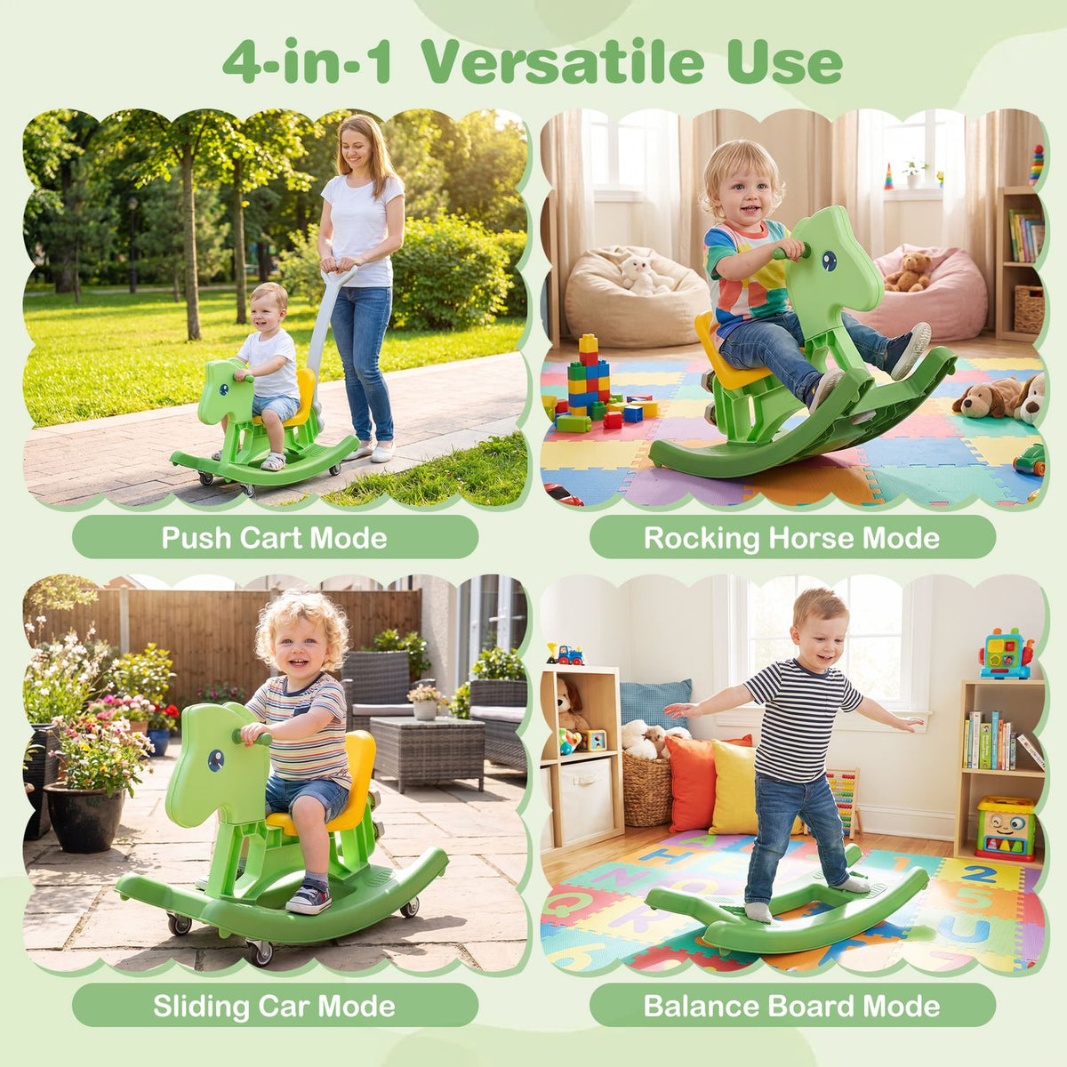 4-in-1 Rocking Horse for Toddlers Ages 12M+ with 4 Universal Wheels
