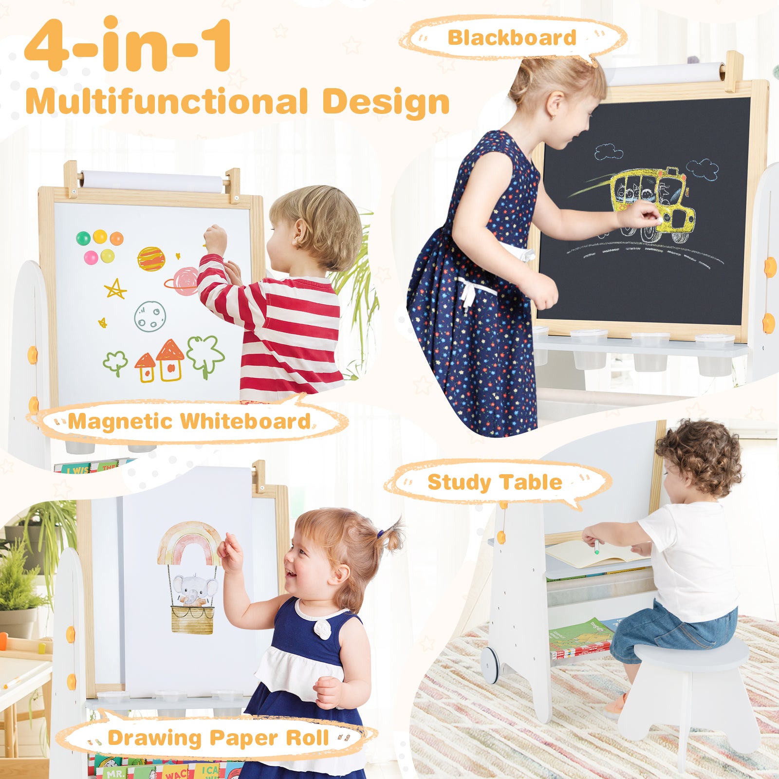 4-in-1 Toddler Activity Table Set with Magnetic Whiteboard and Chalk Board-Gray