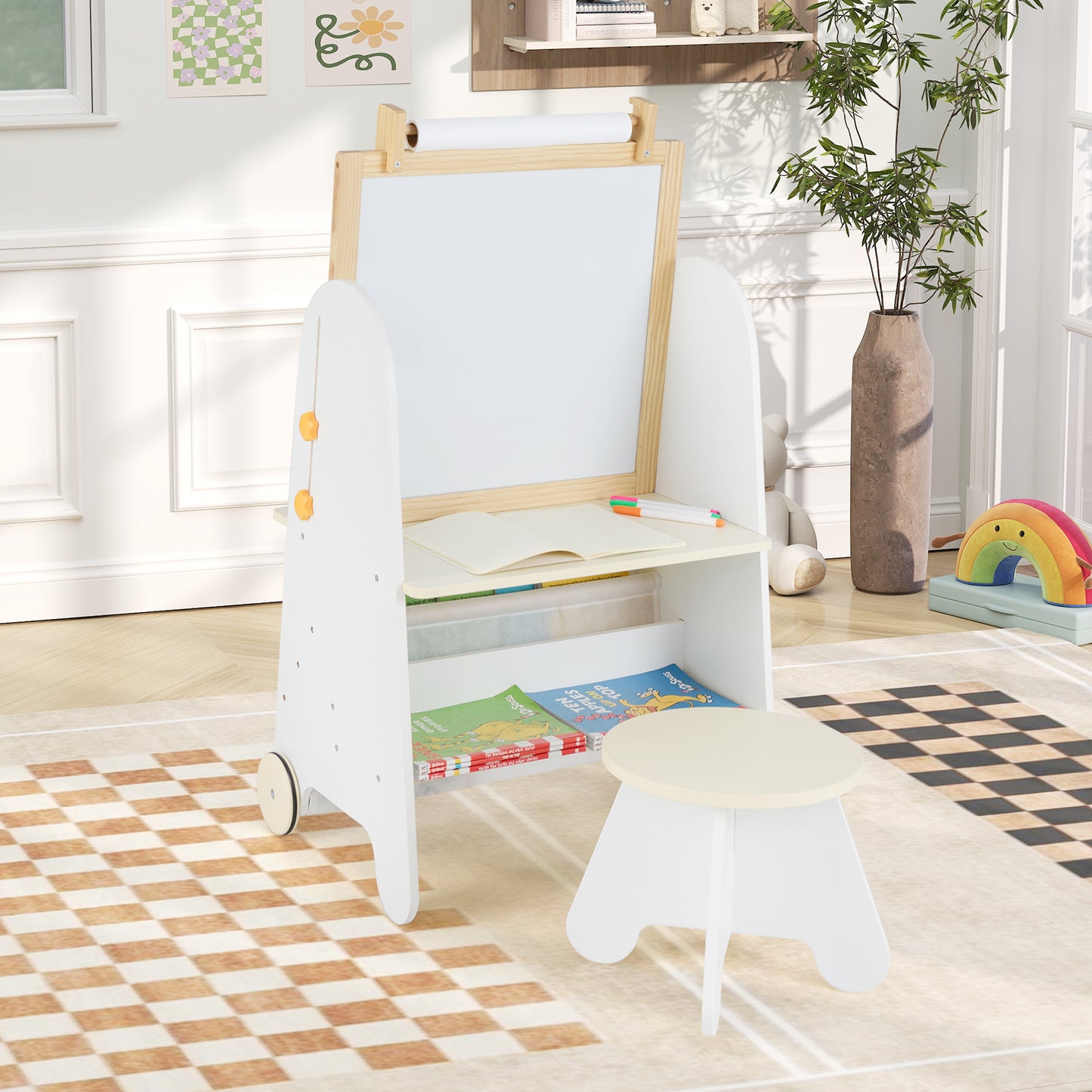 4-in-1 Toddler Activity Table Set with Magnetic Whiteboard and Chalk Board-Natural