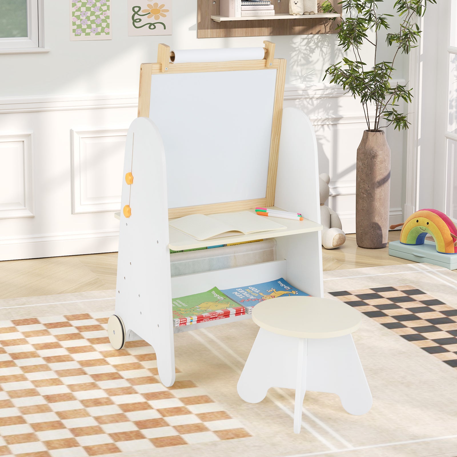 4-in-1 Toddler Activity Table Set with Magnetic Whiteboard and Chalk Board-Natural
