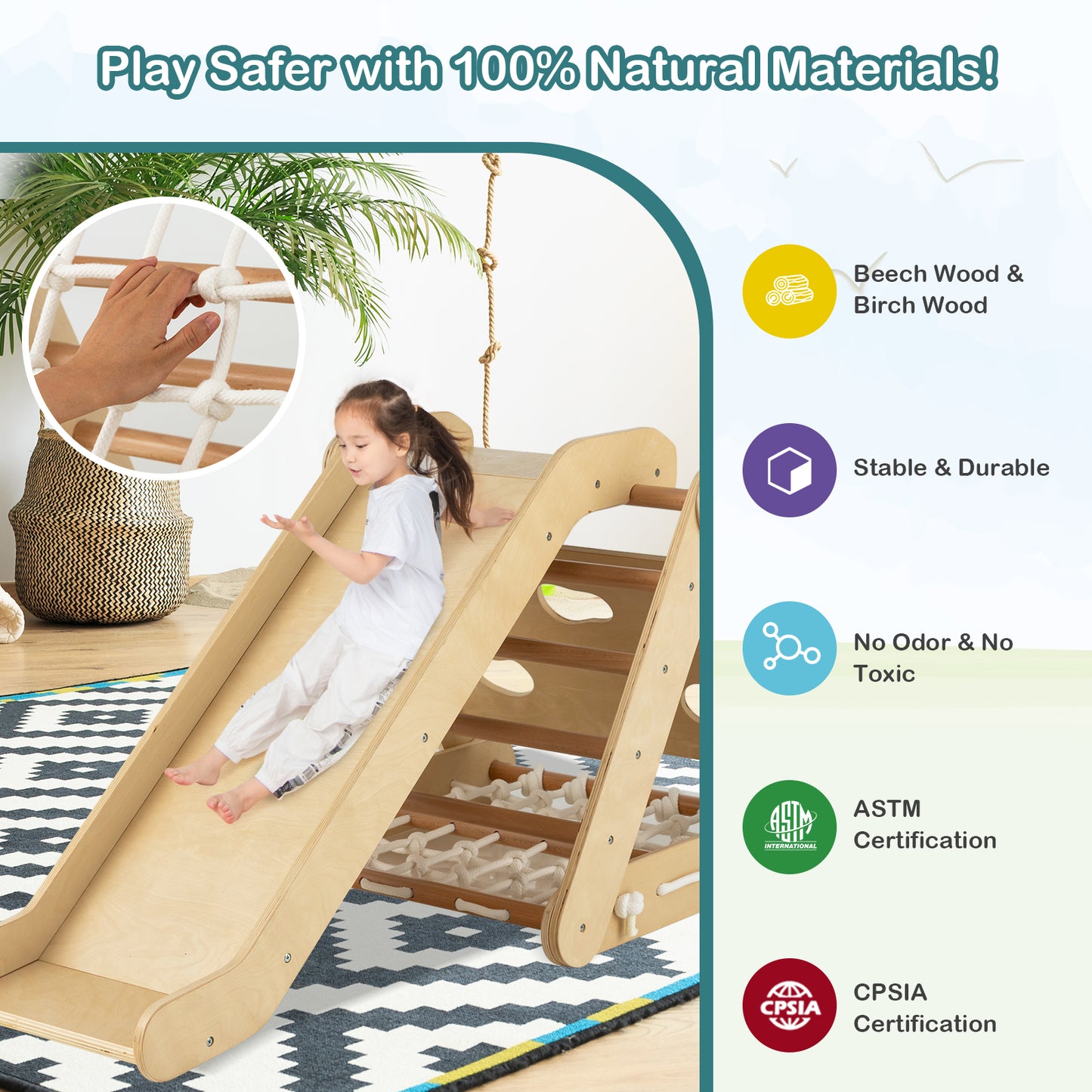 4 in 1 Triangle Climber Toy with Sliding Board and Climbing Net-Natural - Natural