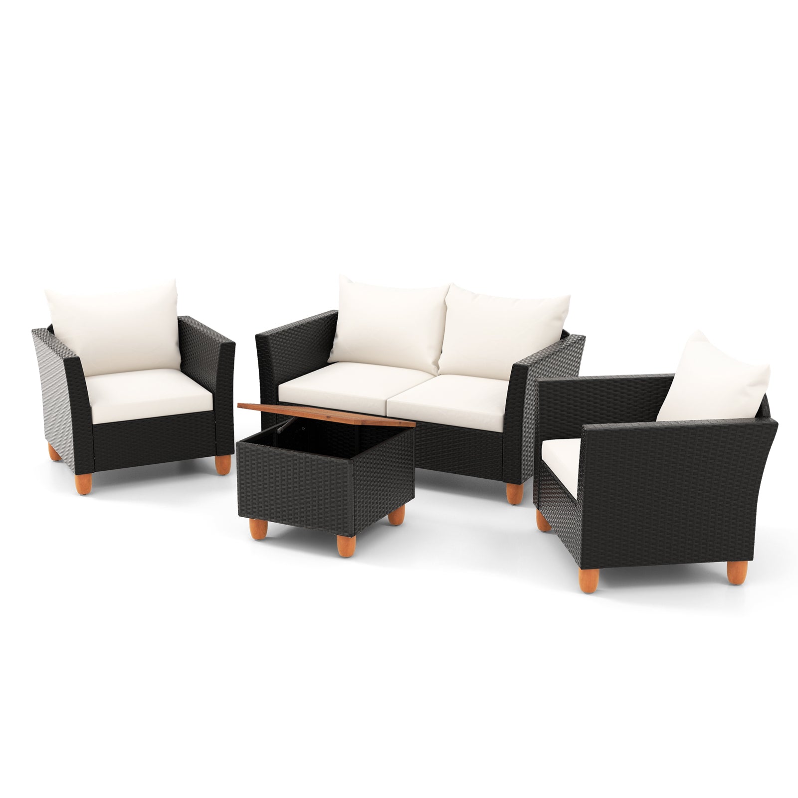 4 Pieces Outdoor Conversation Set with Storage Coffee Table-Gray - White