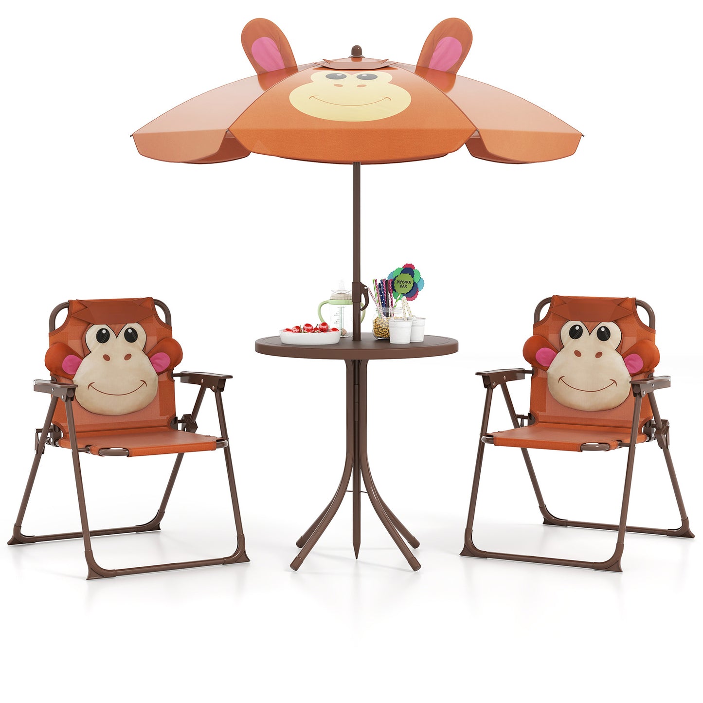 4 Pieces Kids Picnic Set with 2 Folding Chairs and Height Adjustable Umbrella-Brown - Brown