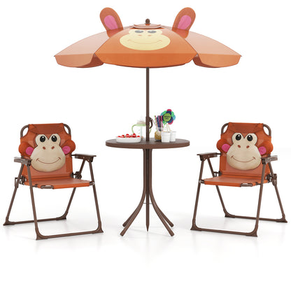 4 Pieces Kids Picnic Set with 2 Folding Chairs and Height Adjustable Umbrella-Brown - Brown