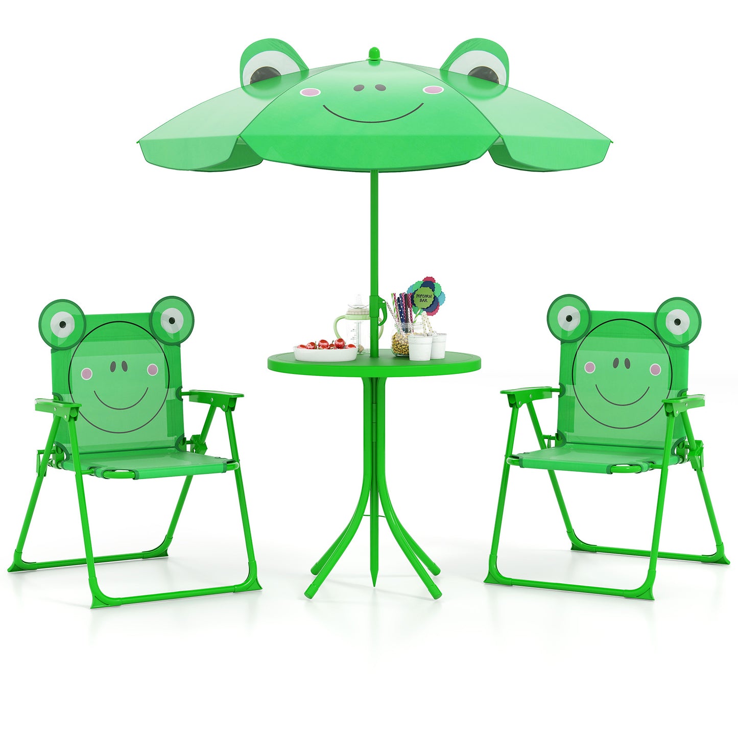 4 Pieces Kids Picnic Set with 2 Folding Chairs and Height Adjustable Umbrella-Brown - Green