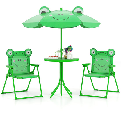 4 Pieces Kids Picnic Set with 2 Folding Chairs and Height Adjustable Umbrella-Brown - Green