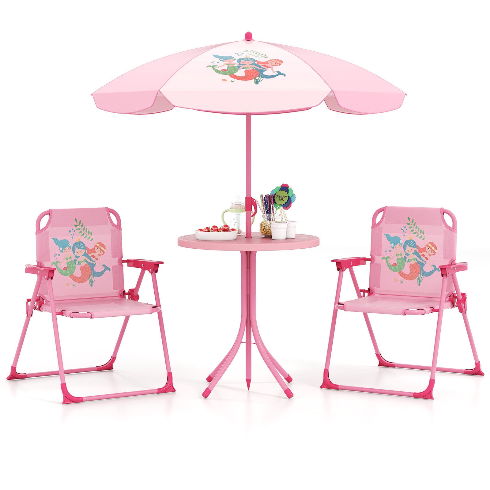 4 Pieces Kids Picnic Set with 2 Folding Chairs and Height Adjustable Umbrella-Brown - Pink