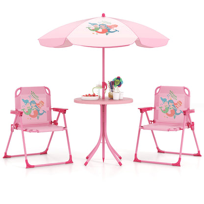 4 Pieces Kids Picnic Set with 2 Folding Chairs and Height Adjustable Umbrella-Brown - Pink
