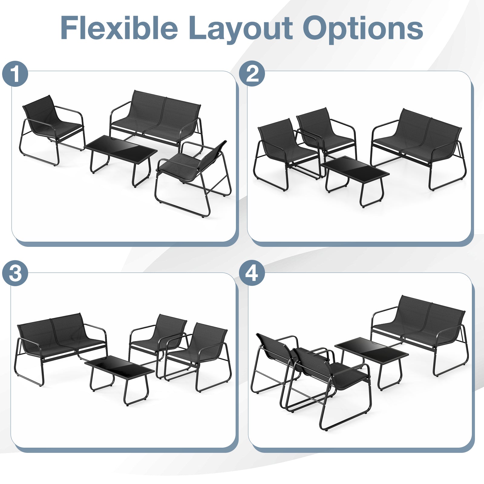 4 Pieces Patio Furniture Set Fabric Lawn Chairs and Loveseat with Glass Coffee Table