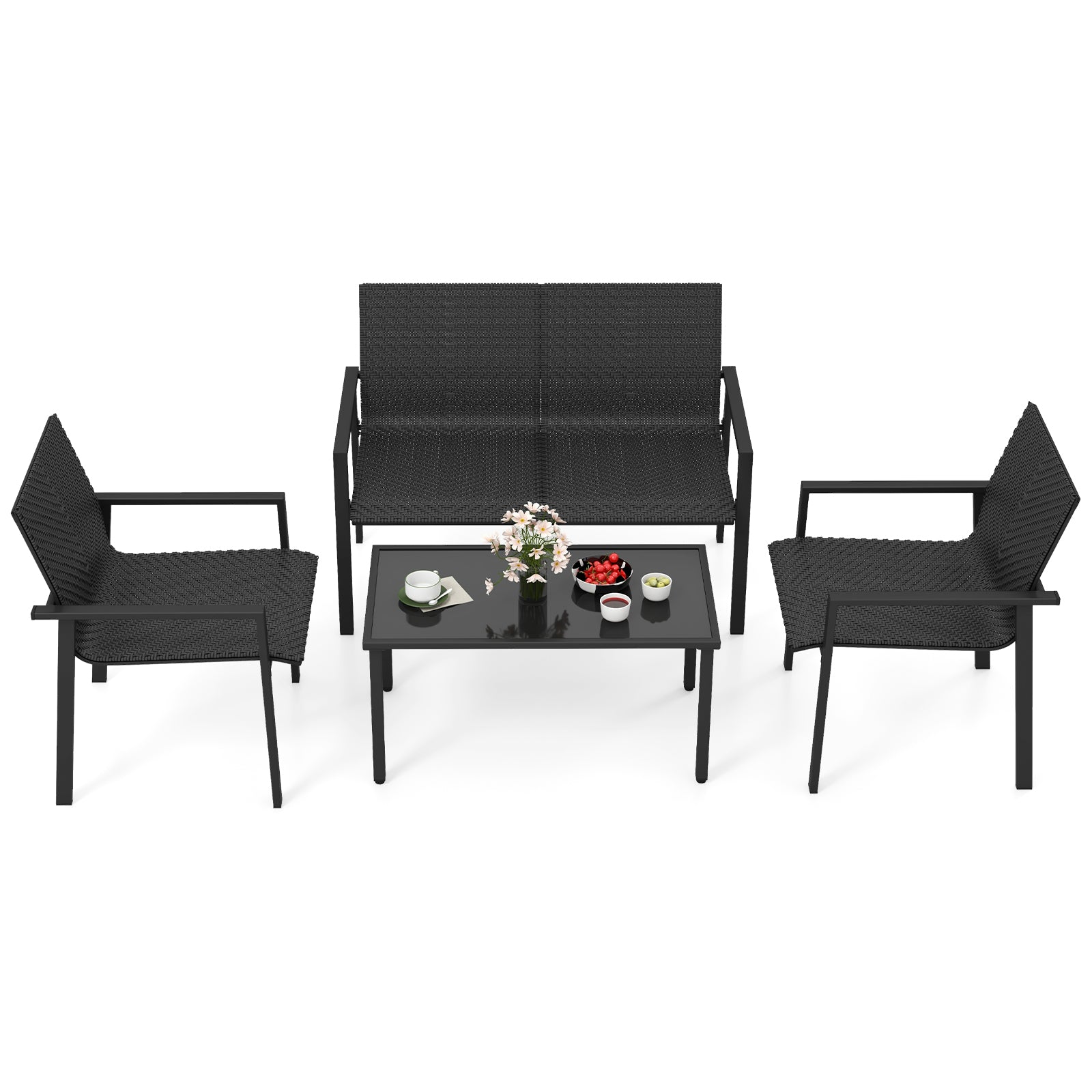 4 Pieces Patio Furniture Set with Heavy Duty Galvanized Metal Frame-Black - Black