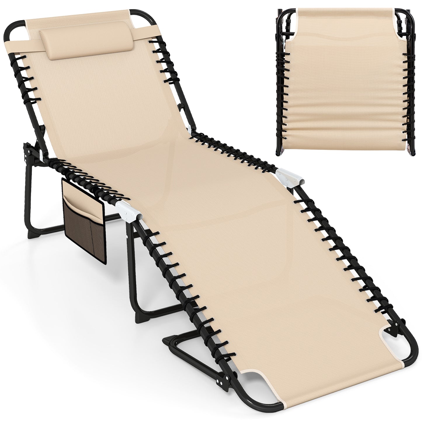 4 Position Folding Lounge Chaise with Adjustable Backrest and Footrest-Black - Beige