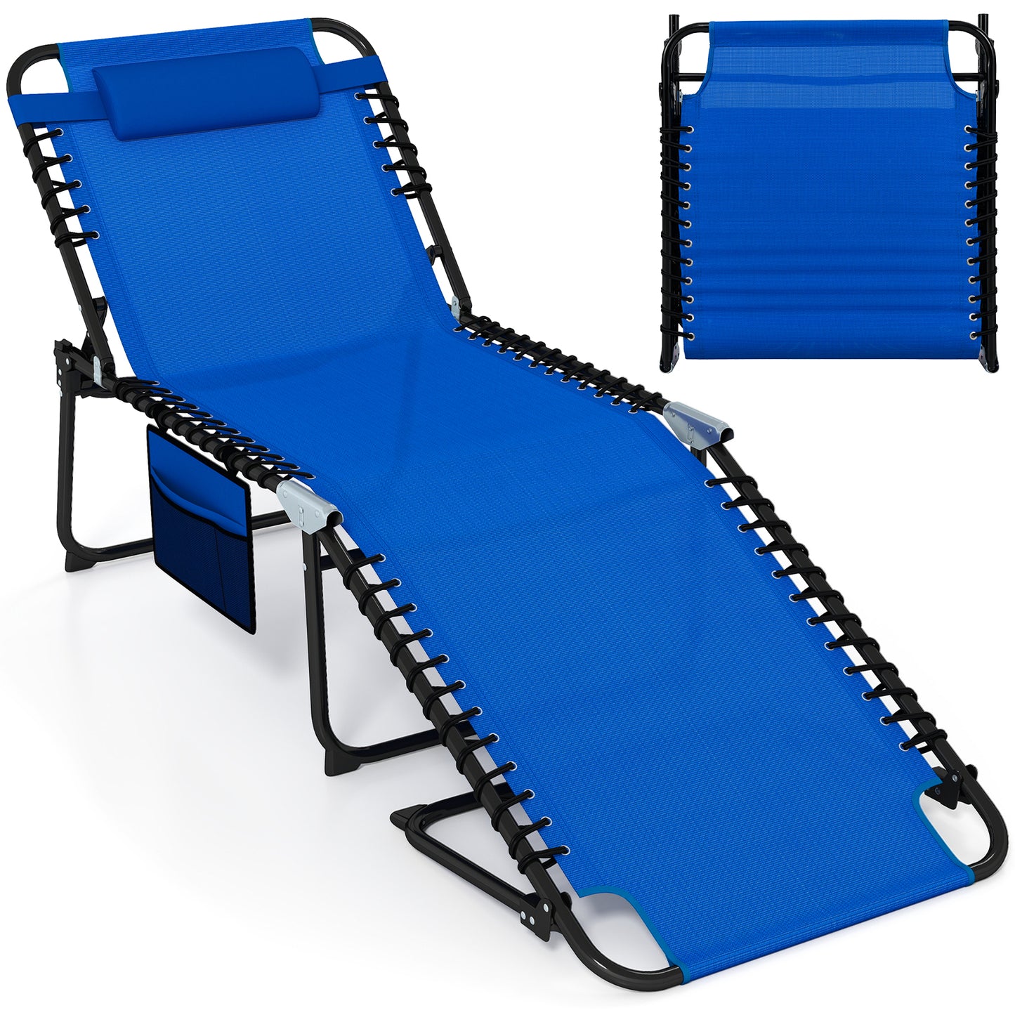 4 Position Folding Lounge Chaise with Adjustable Backrest and Footrest-Black - Navy