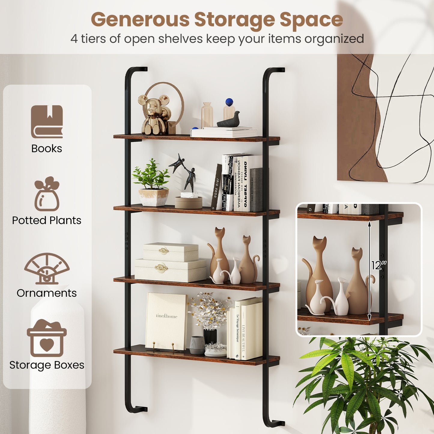 4-Tier Industrial Pipe Shelving with Metal Frame for Living Room Kitchen-Rustic Brown