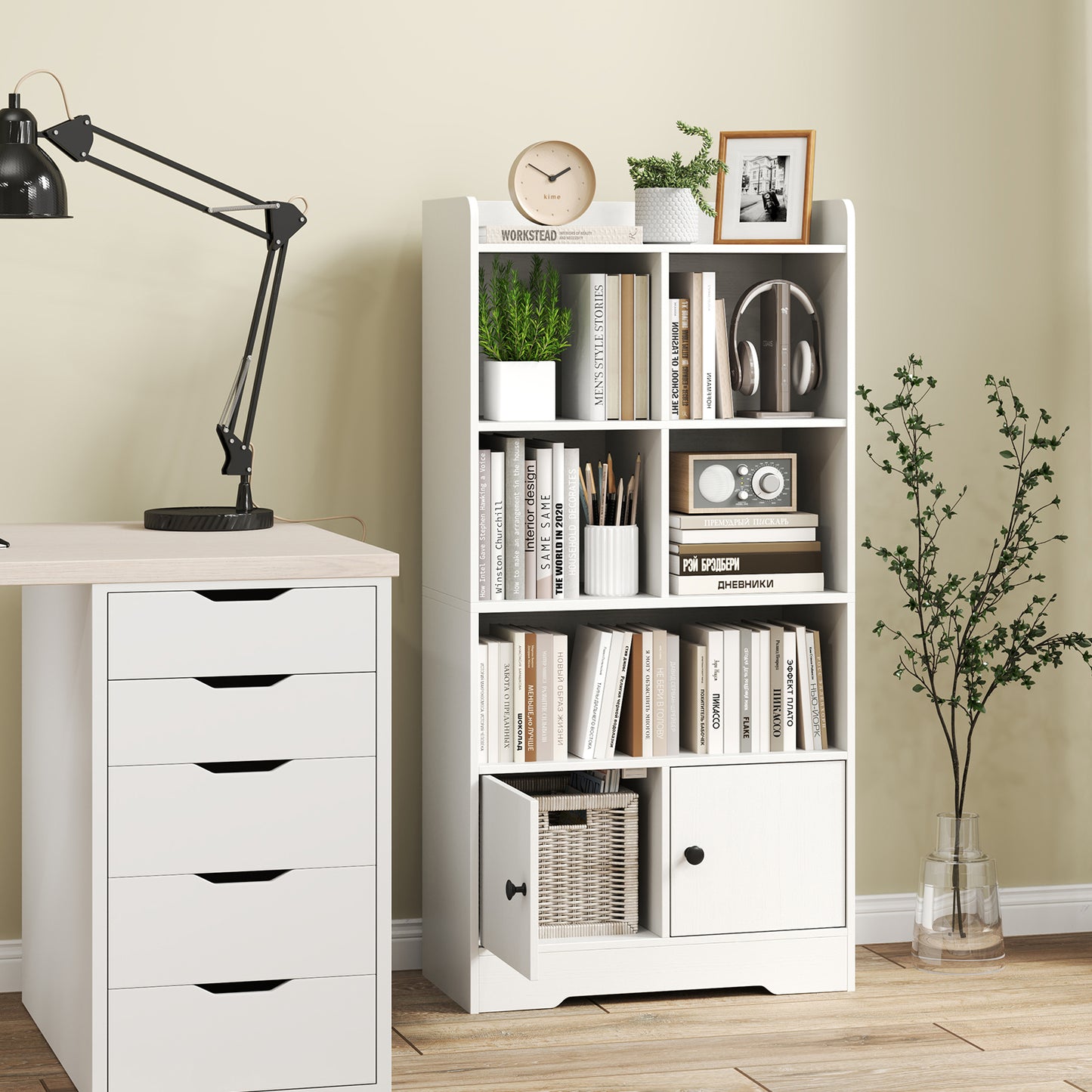 4 Tiers Bookshelf with 4 Cubes Display Shelf and 2 Doors-White