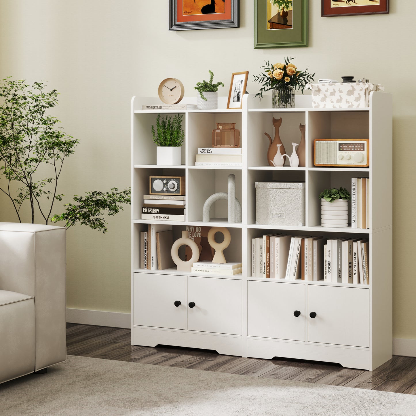 4 Tiers Bookshelf with 4 Cubes Display Shelf and 2 Doors-White