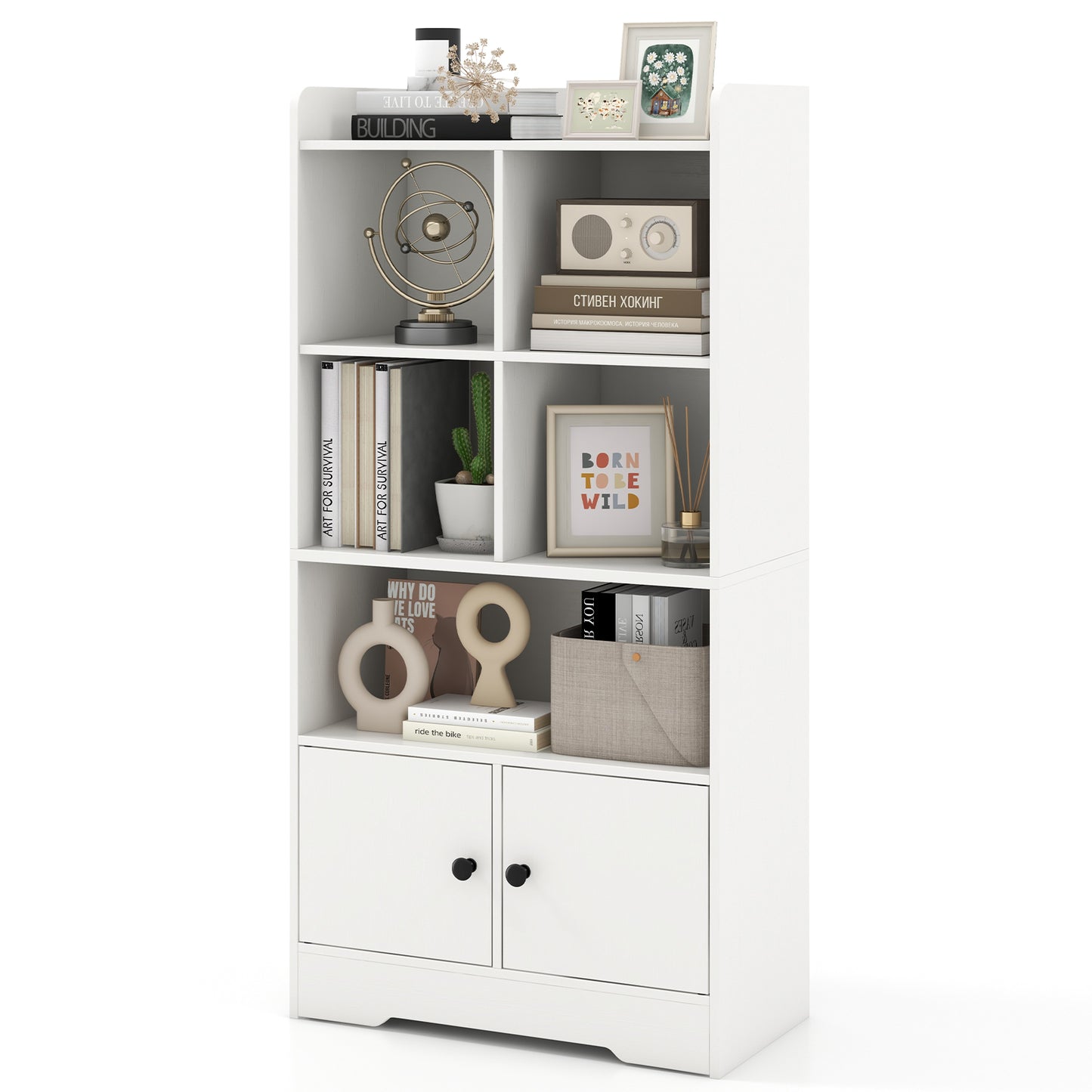 4 Tiers Bookshelf with 4 Cubes Display Shelf and 2 Doors-White