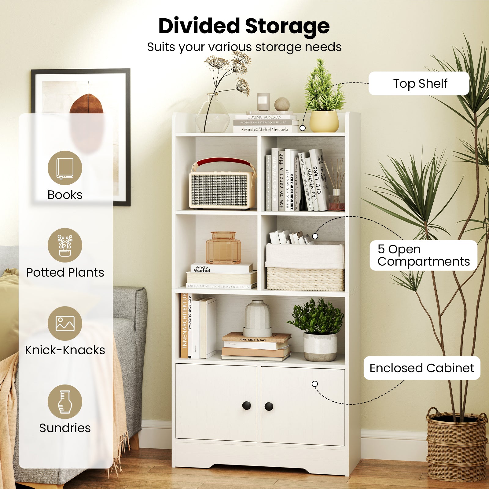 4 Tiers Bookshelf with 4 Cubes Display Shelf and 2 Doors-White