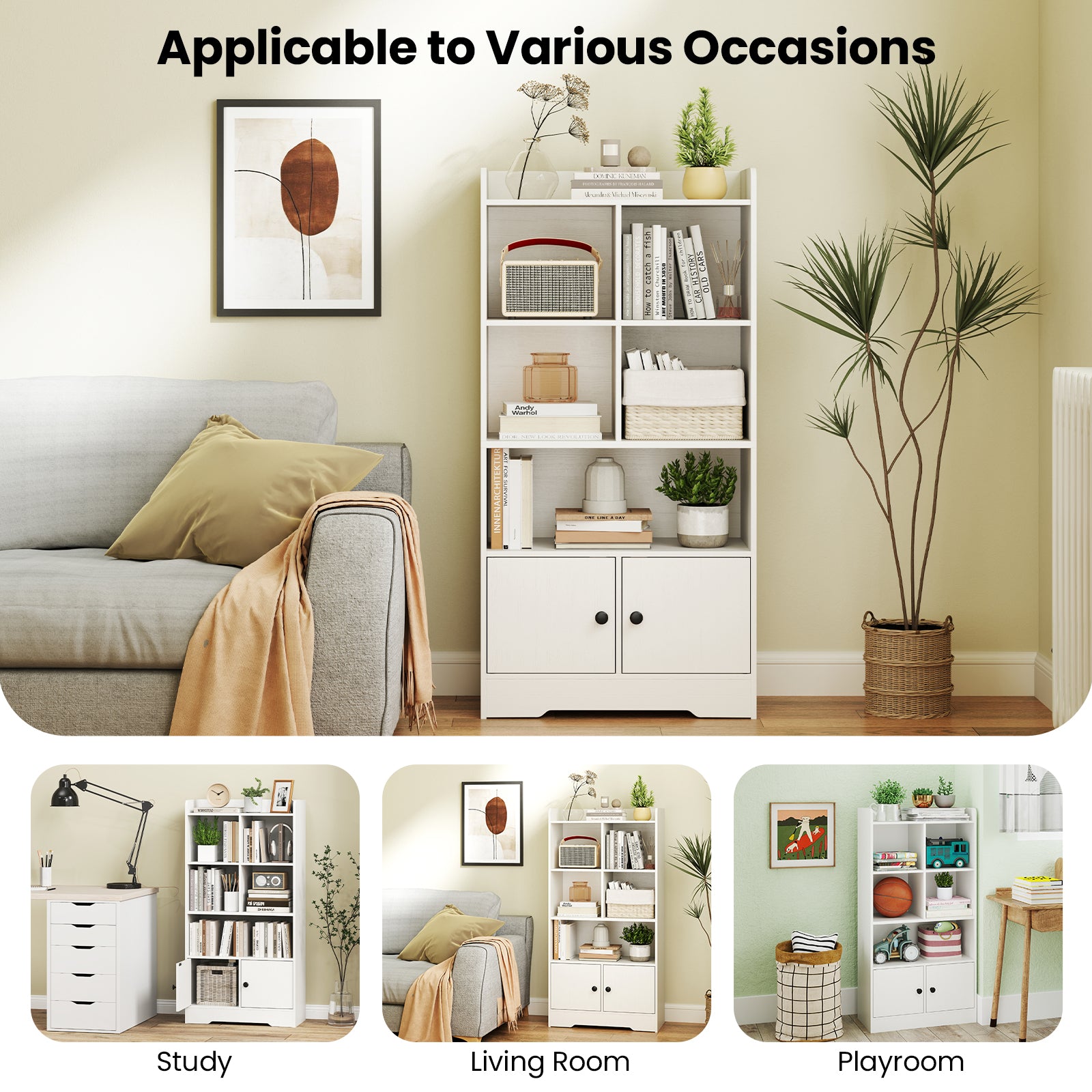 4 Tiers Bookshelf with 4 Cubes Display Shelf and 2 Doors-White