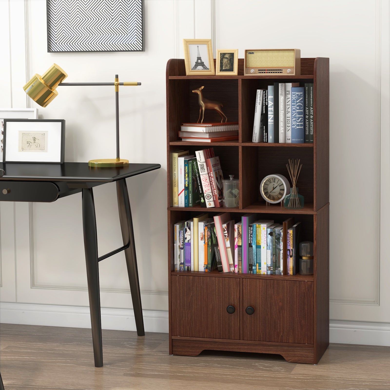 4 Tiers Bookshelf with 4 Cubes Display Shelf and 2 Doors-Brown