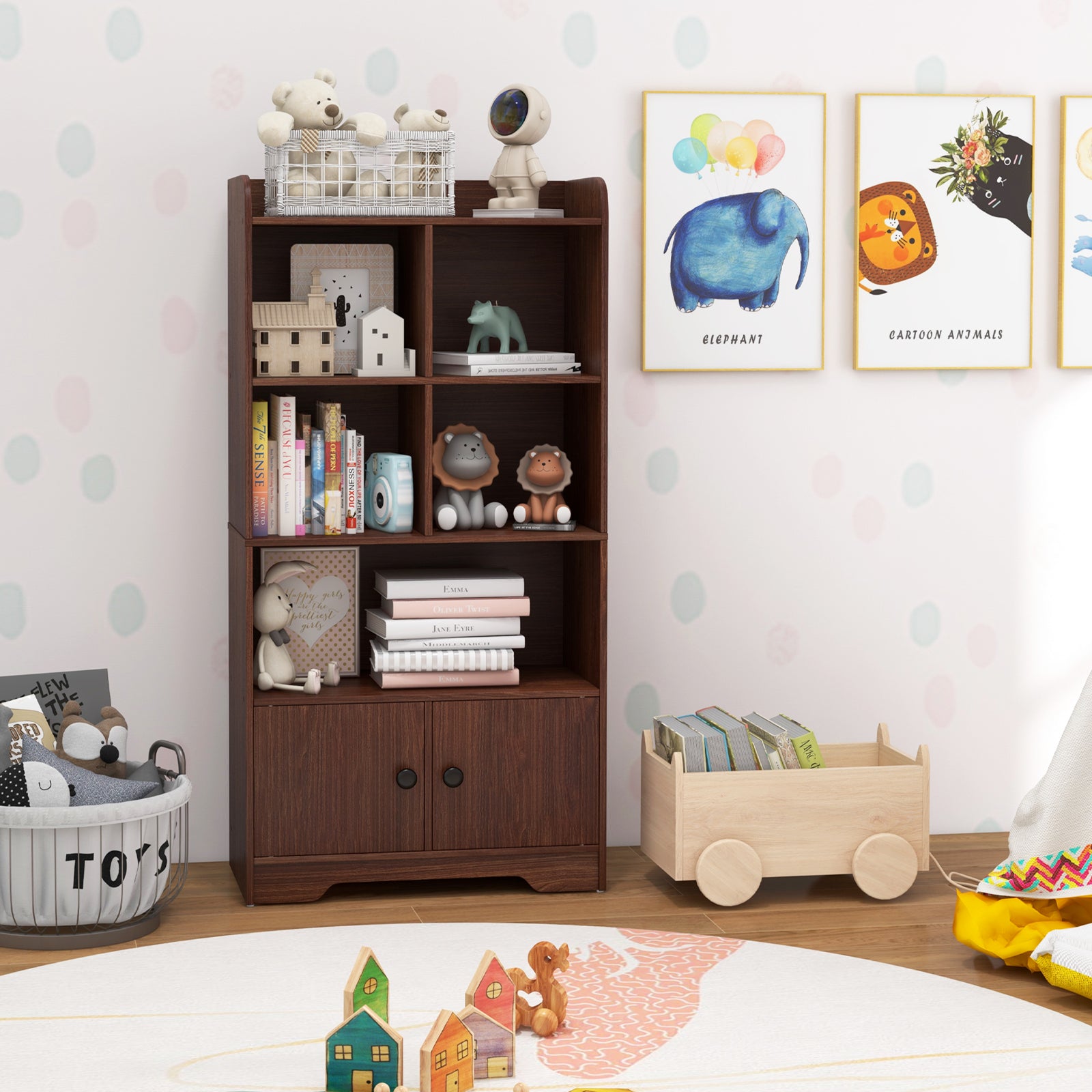 4 Tiers Bookshelf with 4 Cubes Display Shelf and 2 Doors-Brown